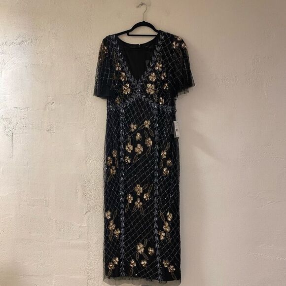 NEW Adrianna Papell Flutter Sleeve Beaded Gown in Black Gold Size 14 - Picture 2 of 11